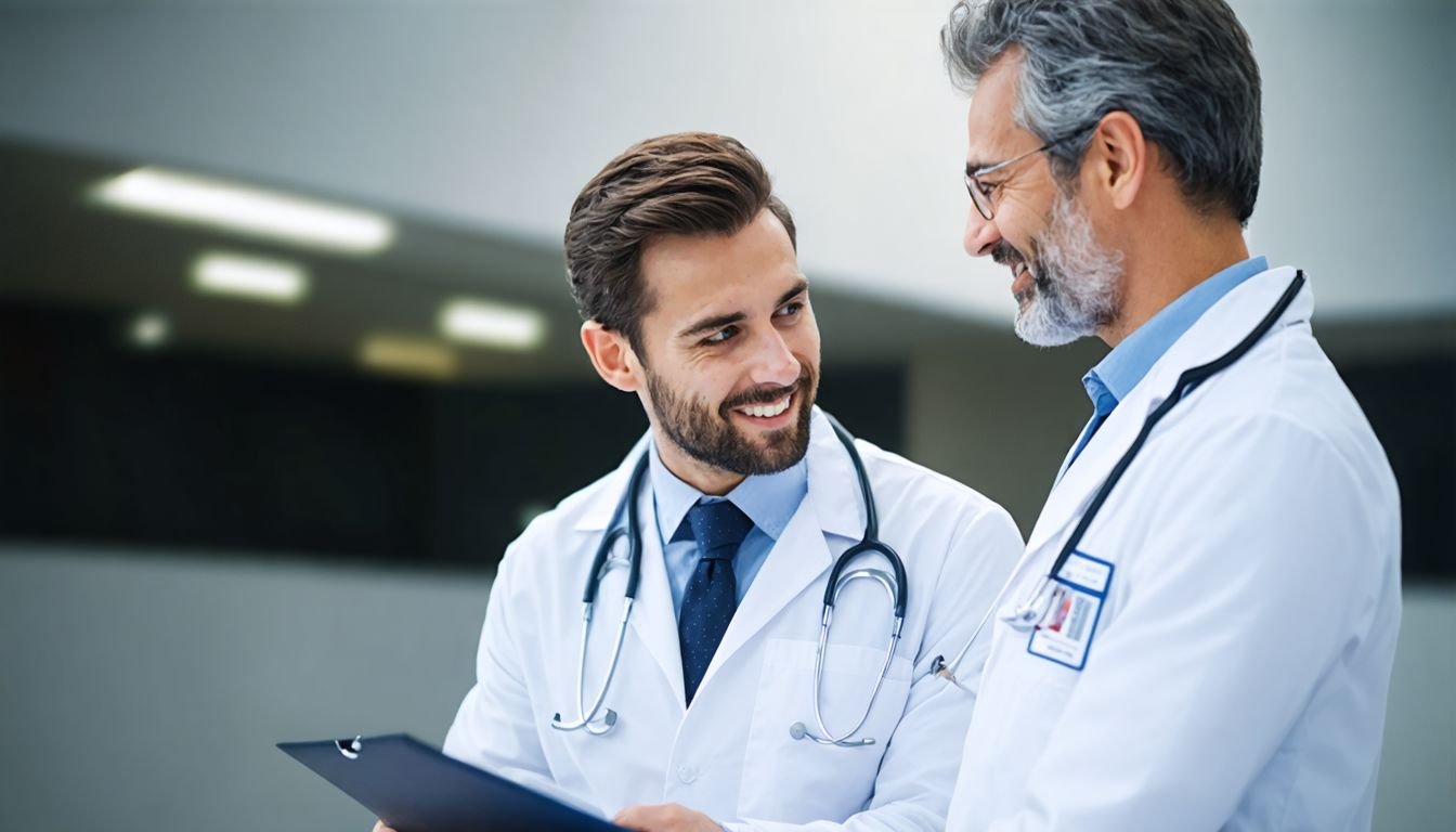 Healthy adult man reviewing natural and medical sex drive boosters in a clinical, medical-themed setting